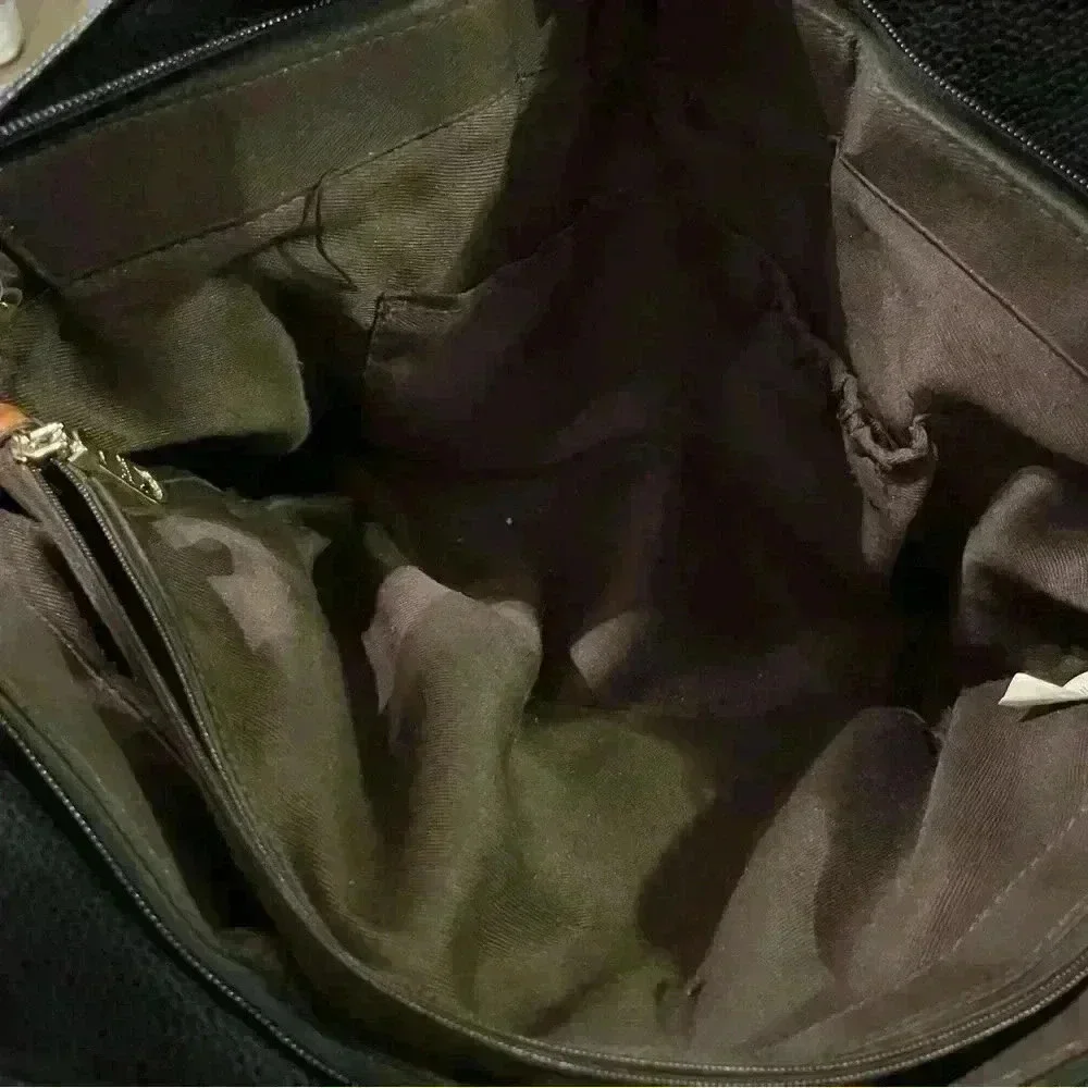 Stauer Black/Brown Shoulder Bag w/ lots of compartments Gold tone logo hardware